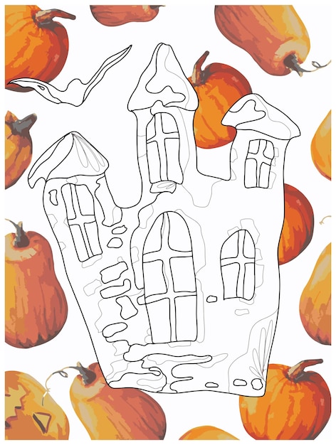 Vintage spooky castle with pumpkins doodle style coloring book coloring page for kids and adults