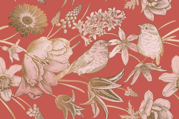 Vintage spring background Floral seamless pattern Vector Lovely flowers and cute birds