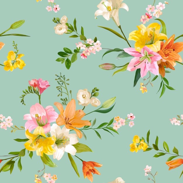 Vintage spring flowers seamless floral lily pattern