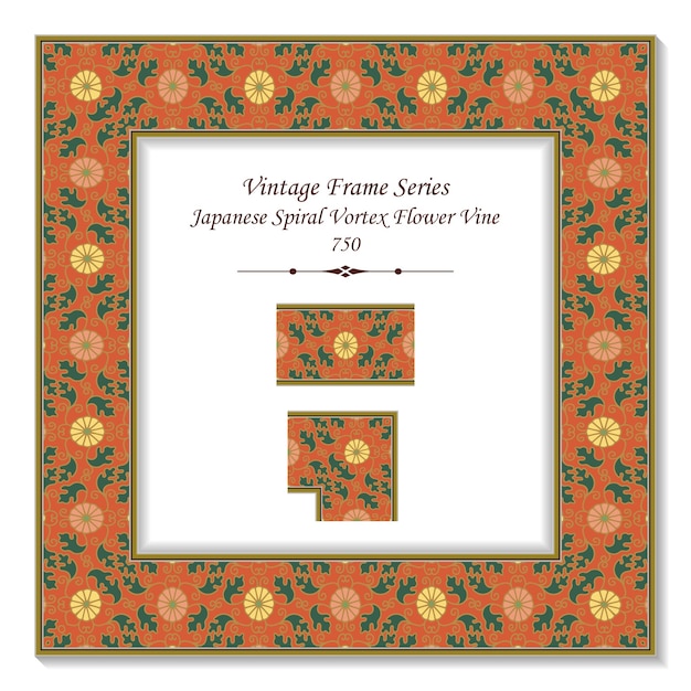 Vintage square 3d frame japanese spiral vortex flower vine, retro style.