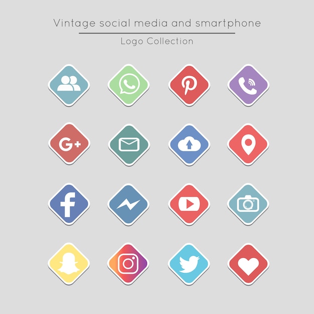 Vintage square social media and smartphone icons set