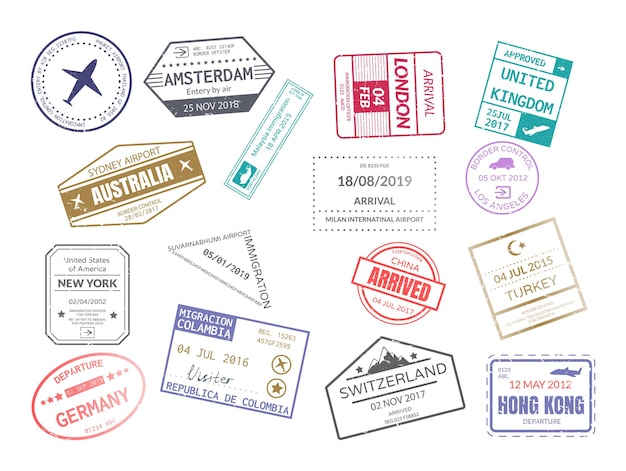 Vector vintage stamp in passport for traveling an open passport