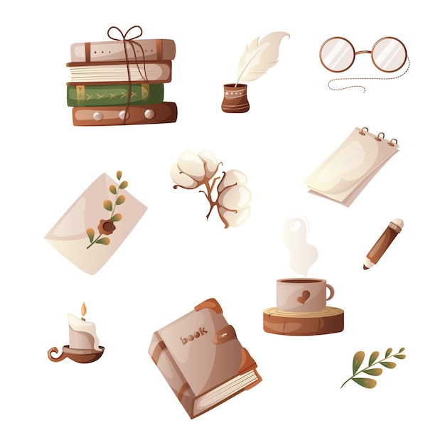 Винтажные канцелярские товары, книги и очки для чтения. Векторный мультфильм набор предметов