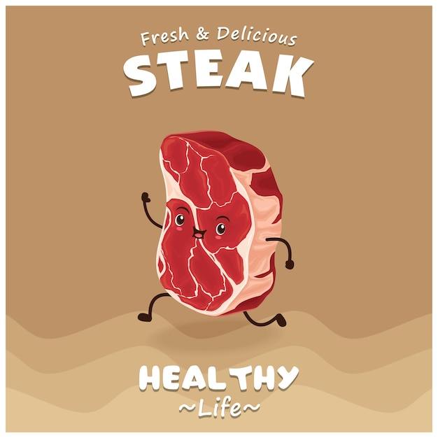 Vintage Steak posterontwerp met vector steak karakter