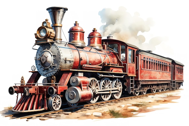 Locomotiva a vapore d'epoca isolata su sfondo bianco acquerello illustrazione disegnata a mano