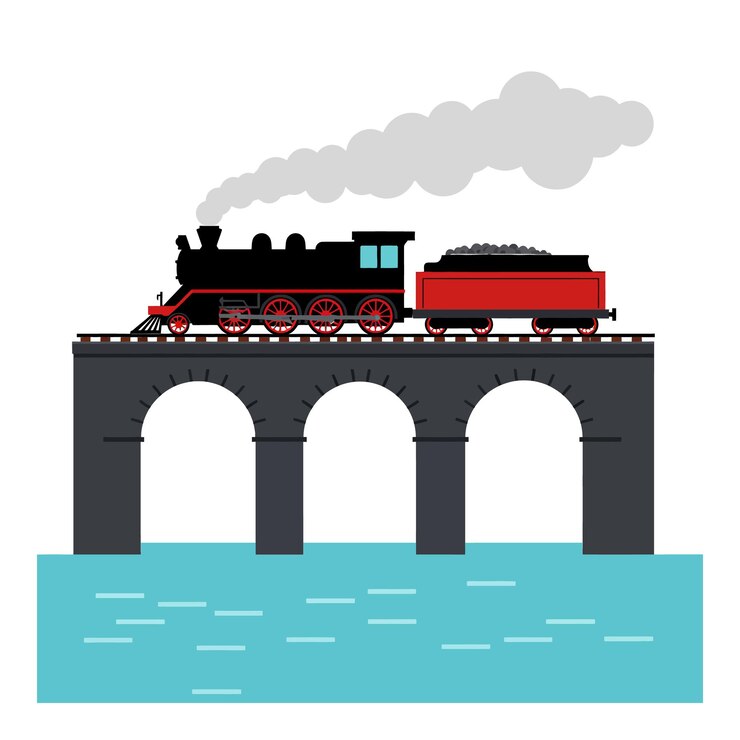 Vector vintage steam train crossing arched bridge over river with smoke plume vector illustration