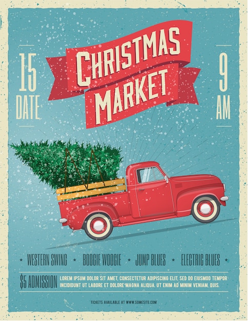 Vintage stijl kerstmarkt poster of folder sjabloon met retro rode pick-up truck met kerstboom aan boord