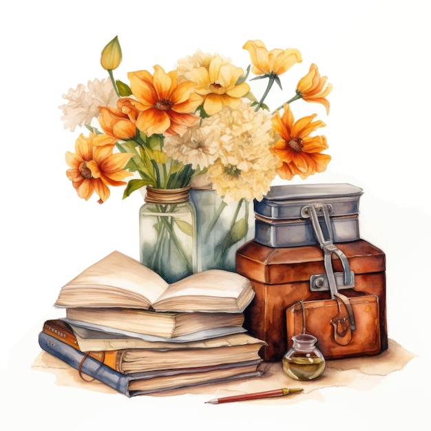 Vector vintage still life with old books inkwell and flowers watercolor illustration