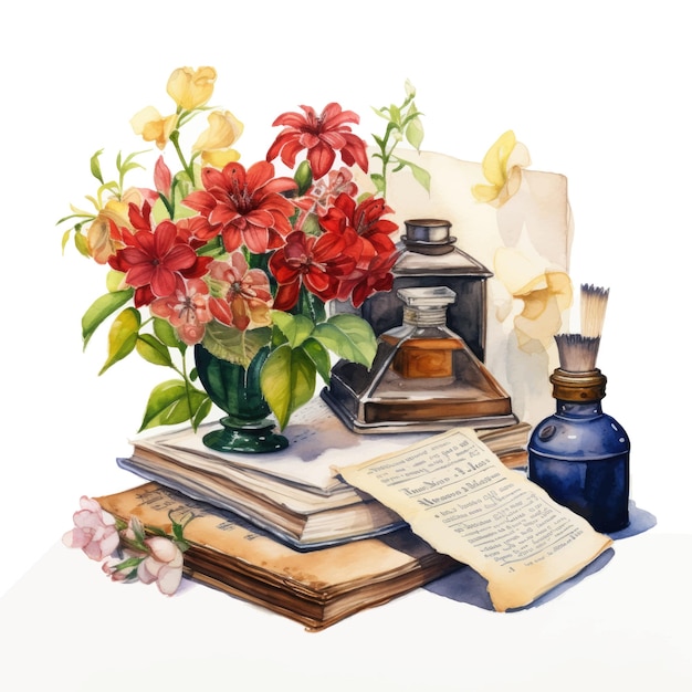 Винтажный натюрморт со старыми книгами, чернильницей и цветами. Акварельная иллюстрация.
