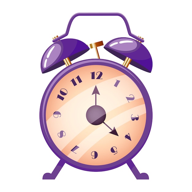 Vector vintage style alarm clock with metal bells and gold striker purple alert timer classic design icon violet color watch for home and school realistic vector illustration isolated on white background