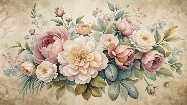 Vintage style bouquet of flowers watercolor background