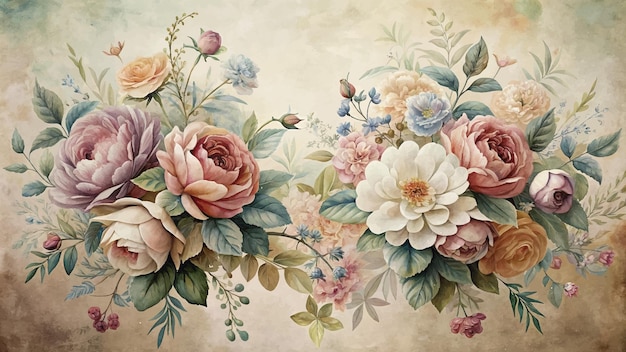 Vintage style bouquet of flowers watercolor background