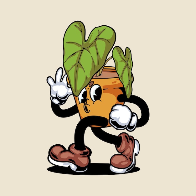 Vintage style cartoon character plant pot illustration