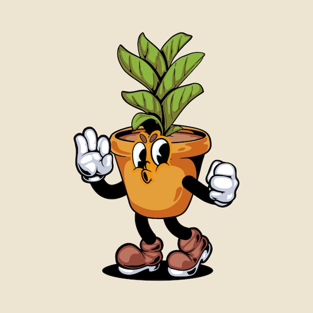 Vintage style cartoon character plant pot illustration