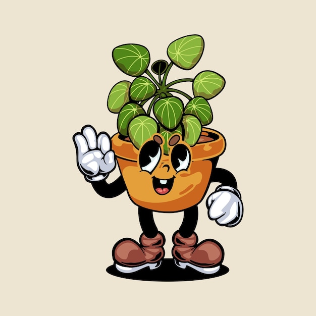 Vintage style cartoon character plant pot illustration