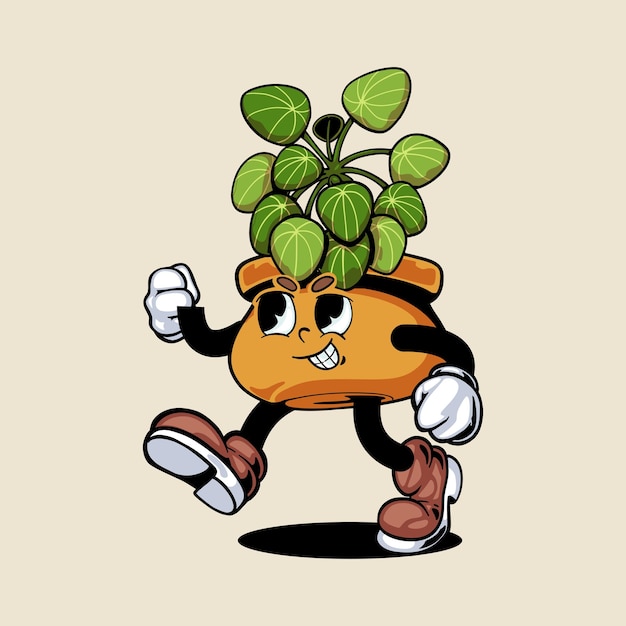 Vintage style cartoon character plant pot illustration