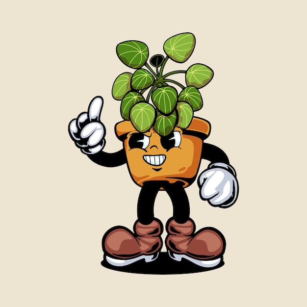 Vintage style cartoon character plant pot illustration