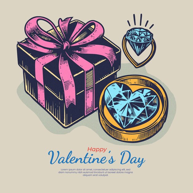 Vector vintage style hand drawn valentines day with gift and jewelry
