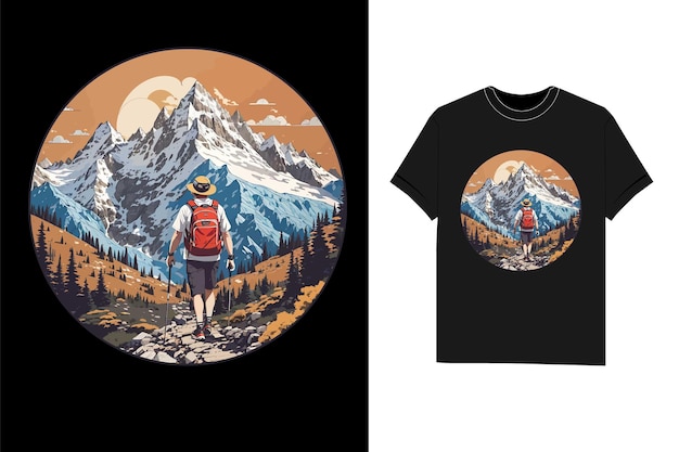 Vettore disegno di maglietta in stile vintage per escursioni e campeggio con vettor di montagna e collina