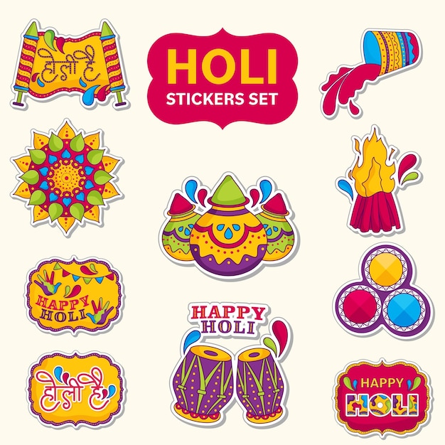 Vintage Style Holi Sticker Collection On Cosmic Latte Background