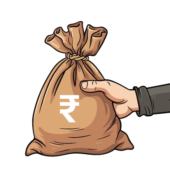 Vintage style illustration of a hand holding rupee bag Money bag in hand