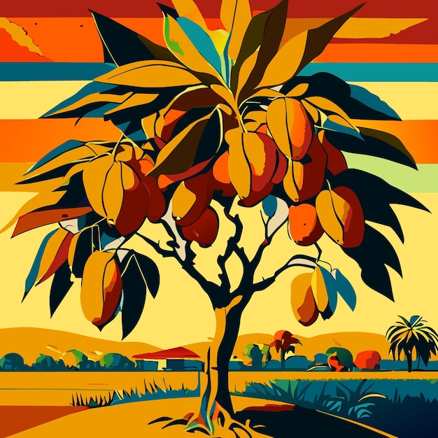 ビンテージ スタイルのマンゴー ツリー絵画ベクトル図フラット