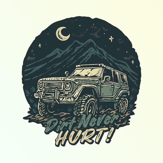 Vintage style off road vehicle 4x4 on the mountain at night