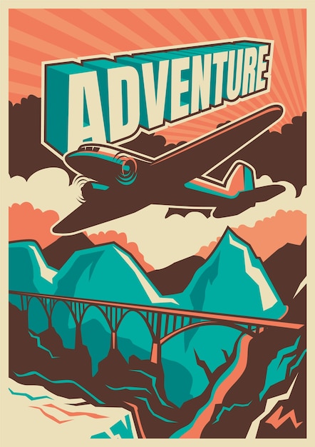 Poster design in stile vintage con aeroplano.