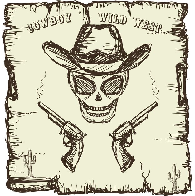 Vector vintage style poster with skull revolvers and text hand drawing vector