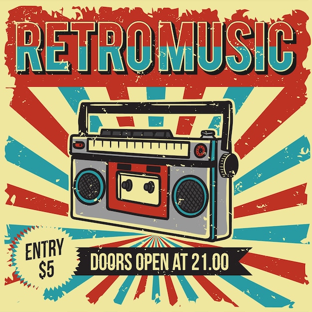 Vector vintage style radio music retro poster and flyer template with sunburst background