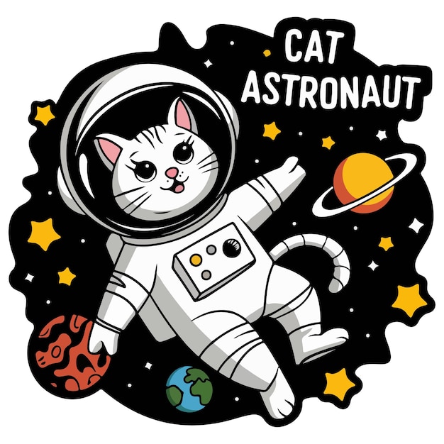 vintage style vector illustration of a cartoon cat wearing an astronaut helmet and spacesuit