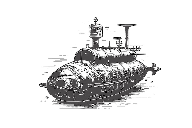 Винтажная подводная лодка в черно-белом цвете Ручной рисунок, выделенный на белом фоне Векторная иллюстрация