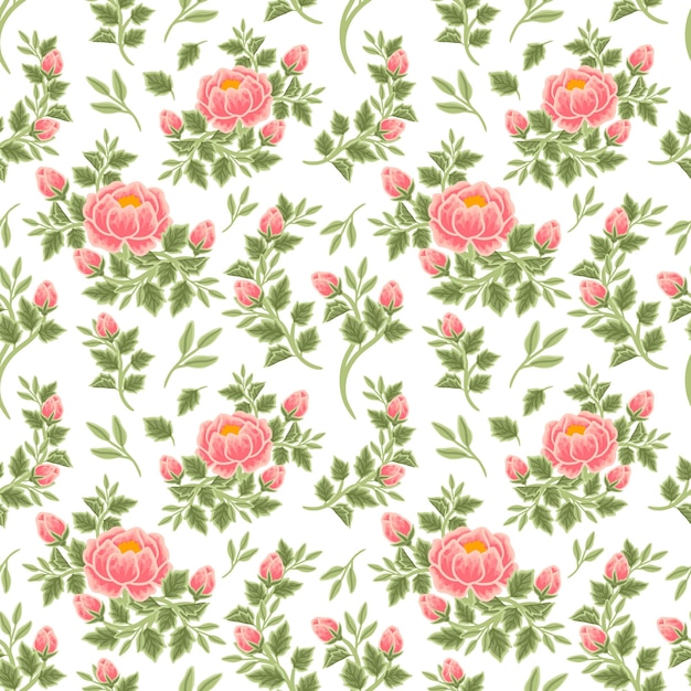 Vintage summer floral seamless pattern of peach peony bouquet, flower buds and leaf branch arrangements