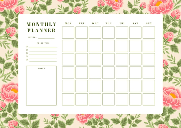 Vector vintage summer peach peony flower monthly planner template