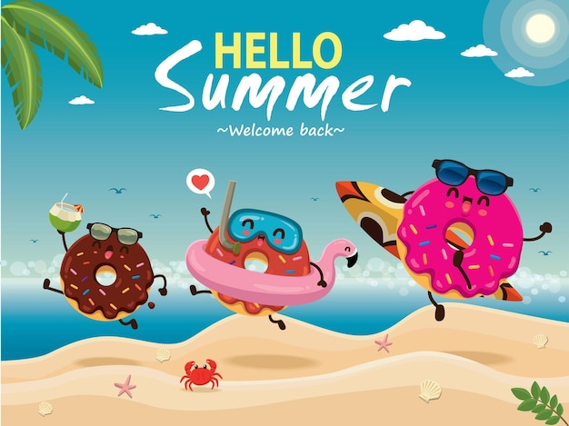 Vintage summer poster design with vector donuts characters