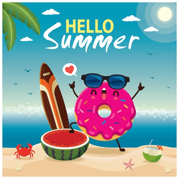 Vintage summer poster design with vector donuts characters