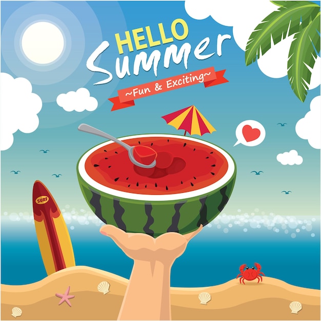 벡터 수박 캐릭터가 있는 빈티지 여름 포스터 디자인입니다.