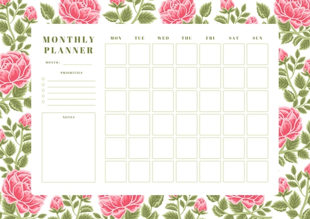 Vector vintage summer red rose flower monthly planner template