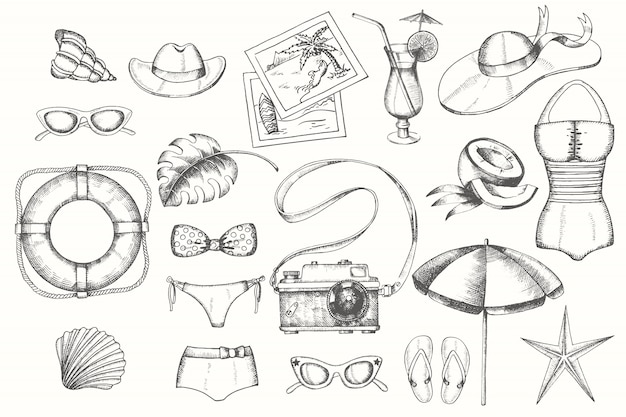 Vintage summer set of doodle hand drawn objects isolated on white