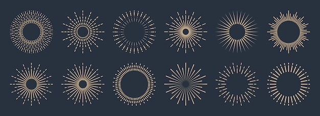 Vector vintage sunburst collectie barstende gouden zonnestralen vuurwerk logo of letters ontwerpelement