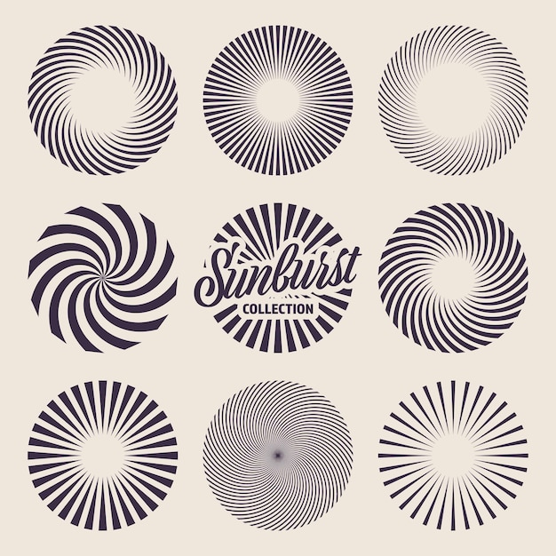 Vintage sunburst collectie bursting sun rays vuurwerk radial sunset beams vector illustratie