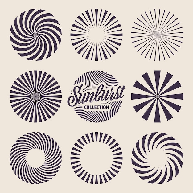 Vintage sunburst collectie bursting sun rays vuurwerk radial sunset beams vector illustratie