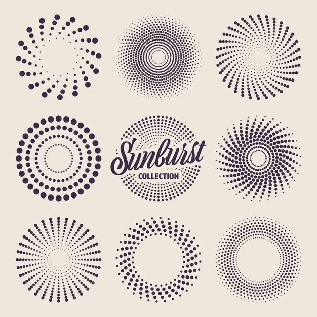 Vector vintage sunburst collection bursting sun rays and dots fireworks logotype or lettering design