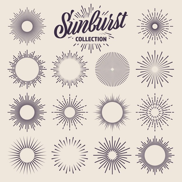 Vector vintage sunburst collection bursting sun rays fireworks logotype or lettering design element radial