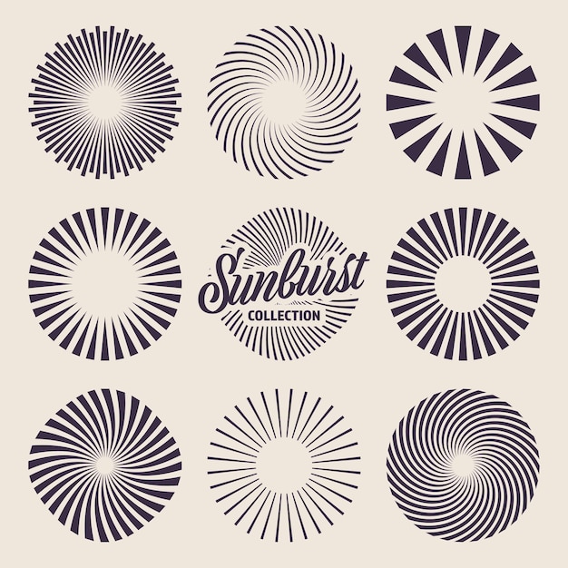 Vintage sunburst collection bursting sun rays fireworks radial sunset beams vector illustration