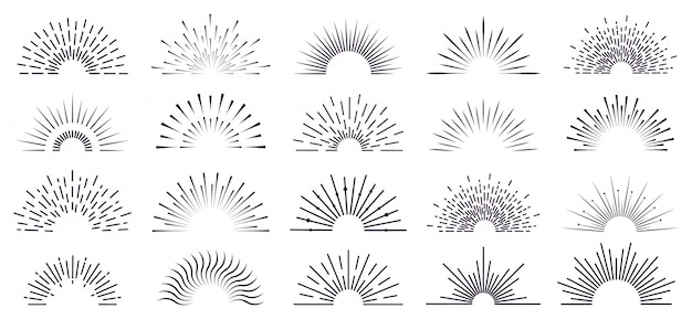 Vector vintage sunburst. retro radiant sunburst, starburst hand drawn label, sun rays, firework radiant rays. bursting explosion lines   icon set. sunshine radial, starburst linear illustration