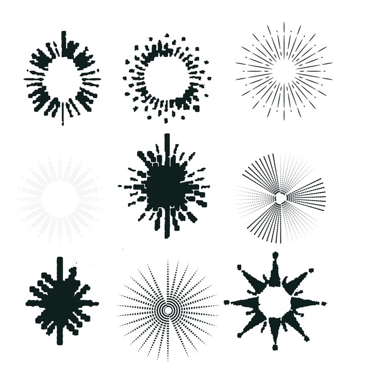Vector vintage sunburst set bursting rays sunrise firework starburst blast radiant spark rays geometric