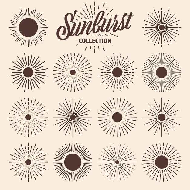 Vintage sunburst sunset beams collection hand drawn bursting sun light rays logotype or lettering design element in retro style vector illustration