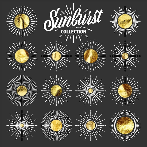 Vector vintage sunburst sunset beams gold foil shiny handmade circles golden glittering texture pattern