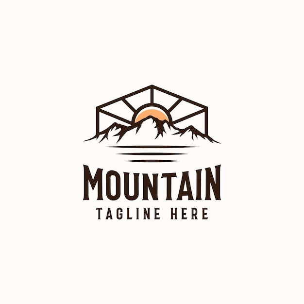 Vintage Sunrise Mountain Pine Tree Evergreen Tree for Outdoor Adventure Logo Design Template